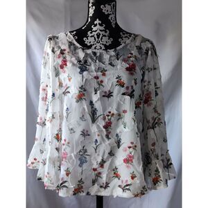 Athena Marie Floral Lace Flutter‎ Sleeve Double Layer Womens White Top Blouse